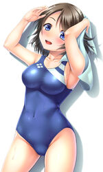  :d blue_eyes blue_one-piece_swimsuit breasts brown_hair commentary_request competition_swimsuit covered_navel female love_live! love_live!_sunshine!! medium_breasts noshimasa one-piece_swimsuit one_eye_closed open_mouth photoshop_(medium) short_hair smile solo standing swimsuit towel watanabe_you 