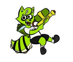  animal_humanoid anthro cephalopod cephalopod_humanoid clothed clothing fangs fur green_body green_eyes green_fur humanoid hybrid inkling looking_at_viewer male mammal marine marine_humanoid mollusk mollusk_humanoid nintendo procyonid raccoon rusheloc smile solo splatcoon splatoon suckers super_soaker teeth toy toy_gun water_gun 