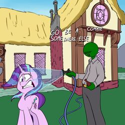  1:1 2017 ?_face anon anontheanon blue_eyes building cutie_mark duo english_text equid equine female feral friendship_is_magic grass hair hasbro hi_res horn hose house human mammal multicolored_hair my_little_pony mythological_creature mythological_equine mythology outside plant starlight_glimmer_(mlp) text two_tone_hair unicorn wet_mane 