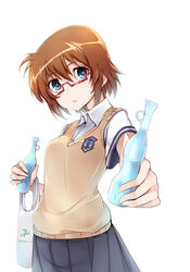  :o amai_nekuta bag black_skirt blue_eyes bottle breasts brown_hair collared_shirt commentary_request emblem female foreshortening glasses grocery_bag head_tilt holding holding_bottle looking_at_viewer lyrical_nanoha mahou_shoujo_lyrical_nanoha_innocent medium_breasts miniskirt open_mouth pleated_skirt private_ten&#039;ou_middle_school_uniform ramune red-framed_eyewear school_uniform semi-rimless_eyewear shirt shopping_bag short_hair short_sleeves simple_background skirt solo standing stern_the_destructor sweatdrop sweater sweater_vest under-rim_eyewear upper_body v-neck white_background yellow_sweater 