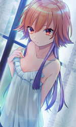  bare_shoulders bbbannooo blush breasts cleavage commentary_request dutch_angle female idolmaster idolmaster_cinderella_girls long_hair looking_at_viewer multicolored_hair ninomiya_asuka orange_hair panties photoshop_(medium) purple_eyes see-through small_breasts solo two-tone_hair underwear 