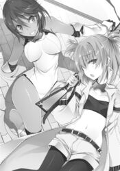  2girls belt breasts breasts_apart character_request coat collarbone covered_nipples dark-skinned_female dark_skin greyscale grin groin hair_between_eyes highres holding holding_sword holding_weapon leotard long_sleeves looking_at_viewer lying medium_breasts midriff monochrome multiple_girls navel non-web_source novel_illustration official_art on_back open_clothes open_coat pantyhose pantyhose_under_shorts rakudai_kishi_no_cavalry short_hair short_shorts shorts small_breasts smile stomach sword weapon won_(az_hybrid) 