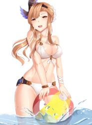  ball beachball blush breasts brown_eyes brown_hair cleavage collarbone commentary_request female granblue_fantasy highres holding holding_ball large_breasts long_hair looking_at_viewer mengo navel official_alternate_costume parted_lips smile solo tweyen_(eternal&#039;s_summer_vacation)_(granblue_fantasy) tweyen_(granblue_fantasy) 