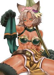  abs animal_ears animal_hands armlet ass_visible_through_thighs bad_id bad_pixiv_id belt bikini bikini_top_only black_bikini breasts breasts_apart cat_ears cat_paws dark-skinned_female dark_skin erune female flower fur_trim granblue_fantasy green_eyes grey_hair hair_flower hair_ornament head_tilt highres holding loincloth medium_breasts melleau ohagi_(suwawa) parted_lips polearm short_hair simple_background sitting solo spear spread_legs sweat swimsuit towel weapon white_background 