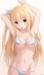  arms_up bad_id bad_pixiv_id bare_arms bare_shoulders bikini blonde_hair breasts brown_background cleavage collarbone commentary_request date_a_live female gekijouban_date_a_live:_mayuri_judgement gradient_background grey_background groin hair_between_eyes hair_ribbon head_tilt highres keenh large_breasts long_hair mayuri_(date_a_live) mouth_hold navel o-ring o-ring_bikini o-ring_top one_side_up purple_eyes ribbon signature solo swimsuit untied_bikini very_long_hair white_bikini white_ribbon 