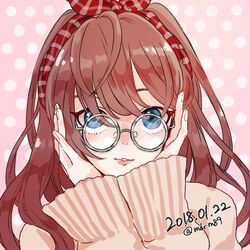  artist_name bespectacled blue_eyes bow brown_hair brown_sweater commentary dated female glasses grey-framed_eyewear hair_between_eyes hairbow hand_on_own_cheek hand_on_own_face hands_on_own_face highres ichinose_shiki idolmaster idolmaster_cinderella_girls long_hair long_sleeves looking_at_viewer madarame_(mdrm89) nostrils one-hour_drawing_challenge parted_lips pink_background pink_lips plaid plaid_bow polka_dot polka_dot_background red_bow round_eyewear simple_background solo sweater tsurime twitter_username upper_body white_polka_dots 