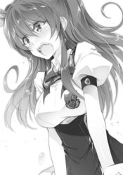  blush embarrassed female floating_hair greyscale hair_between_eyes hair_ornament high-waist_skirt highres long_hair monochrome neck_ribbon non-web_source novel_illustration official_art open_mouth rakudai_kishi_no_cavalry ribbon school_uniform shirt short_sleeves simple_background skirt solo stella_vermillion tears upper_body white_background won_(az_hybrid) 