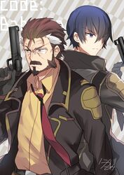  2boys back-to-back beard blitz_talker blue_eyes blue_hair brown_hair commentary_request copyright_name facial_hair glasses green_eyes gun highres holding holding_weapon male_focus moustache multicolored_hair multiple_boys necktie nikame re:creators ryuusuke_(code_babylon) serious streaked_hair weapon 