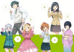  1boy 5girls :o absurdres arm_up bandaged_fingers bandages black_skirt blue_eyes blunt_bangs blush brown_eyes brown_hair cardigan closed_mouth dress drill_hair eromanga_sensei green_hair grey_eyes grey_hair highres index_finger_raised izumi_masamune izumi_sagiri jacket japanese_clothes jinno_megumi kanzaki_hiro kimono multiple_girls obi one_eye_closed open_mouth pink_dress pleated_skirt purple_eyes purple_kimono ringlets sash scan school_uniform senju_muramasa serafuku short_hair sidelocks skirt smile speech_bubble sweater_vest takasago_tomoe teeth wavy_hair yamada_elf 