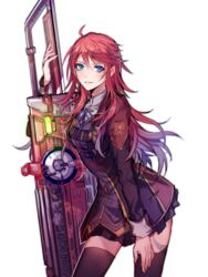  absurdres ahoge ao_no_kiseki bad_id bad_pixiv_id black_thighhighs blue_eyes breasts chainsaw cowboy_shot eiyuu_densetsu female gunblade hair_between_eyes highres insignia jacket lanlanlu_(809930257) long_hair long_sleeves looking_at_viewer medium_breasts military military_uniform miniskirt neck_ribbon oversized_object pleated_skirt red_hair ribbon sen_no_kiseki sen_no_kiseki_iii shirley_orlando skirt smile solo thighhighs transparent_background uniform weapon zettai_ryouiki 