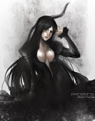  artist_name black_hair breasts dress female female long_hair looking_at_viewer monochrome no_bra pandora_(saint_seiya) saint_seiya solo 