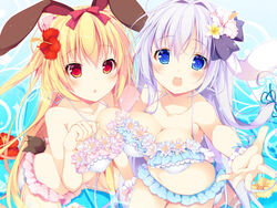  2girls :o animal_ears beckoning bikini blonde_hair blue_bikini blurry blush bow breast_press breasts cleavage collarbone commentary_request depth_of_field eyebrows flower frilled_bikini frills from_above hair_between_eyes hair_flower hair_intakes hair_ornament hair_ribbon halterneck hibiscus large_breasts long_hair looking_at_viewer low-tied_long_hair multiple_girls navel ocean open_mouth original outstretched_arm palms partially_submerged paw_pose photoshop_(medium) pink_bikini pink_flower plumeria purple_hair rabbit_ears rabbit_girl rabbit_tail red_bow ribbon silver_hair sitting spread_fingers string_bikini summer swimsuit symmetrical_docking tail very_long_hair wariza water wrist_cuffs yellow_flower yumemiya_subaru 