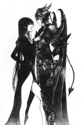  1boy armor black_hair breasts dress female female full_armor helmet long_hair monochrome pandora_(saint_seiya) saint_seiya solo standing straight talking wings wyrven_rhadamanthys 