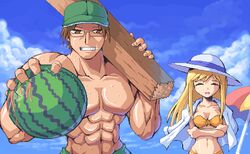  1boy bikini blonde_hair blue_sky brown_eyes brown_hair closed_eyes cloud collarbone day female food fruit glasses grin hat higurashi_no_naku_koro_ni kurogarasu long_hair looking_at_viewer muscular oekaki shirt_on_shoulders short_hair sky smile swimsuit takano_miyo tomitake_jirou watermelon wood 