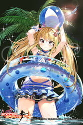  anger_vein bird blonde_hair blue_innertube blush commentary_request female from_below innertube long_hair looking_at_viewer official_art palm_tree popuru red_eyes soccer_spirits solo standing swim_ring swimsuit tree twintails z088_beta 