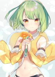  bare_shoulders black_panties blue_background blush bridal_gauntlets brown_eyes chunithm closed_mouth cona_kinaco female fingernails flower green_hair hair_between_eyes head_tilt heart heart-shaped_pupils highres holding holding_flower looking_at_viewer navel own_hands_clasped own_hands_together panties short_hair silhouette sky_feather_(chunithm) smile solo symbol-shaped_pupils underwear 