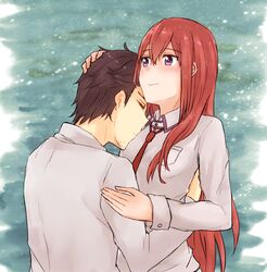  1boy black_hair blush breasts closed_eyes collared_shirt commentary_request facial_hair female hair_between_eyes hand_on_another&#039;s_head hug lab_coat long_hair long_sleeves makise_kurisu necktie okabe_rintarou purple_eyes red_hair shirt short_hair small_breasts smile steins;gate stubble upper_body yugure 