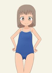  bare_arms bare_legs bare_shoulders blush brown_hair closed_mouth collarbone female female flat_chest full_body gluteal_fold lolicon looking_at_viewer looking_down one-piece_swimsuit original simple_background smile solo swimsuit thigh_gap tomboo 