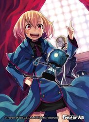  1boy ad_yamada blonde_hair blue_eyes bow capelet commentary_request copyright_name curtains female force_of_will long_hair low_ponytail machina_(force_of_will) mariabella_(force_of_will) monocle necktie official_art open_mouth pink_eyes robot teeth upper_body window 