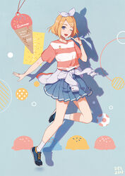  ;d alternate_costume arm_at_side artist_name bare_legs blonde_hair blue_background blue_eyes blue_skirt bracelet candy chinese_commentary clothes_around_waist commentary_request dated fashion female fen_renlei finger_to_cheek food full_body hair_ribbon ice_cream jacket jacket_around_waist jewelry jumping kagamine_rin leg_up looking_at_viewer one_eye_closed open_mouth photoshop_(medium) pink_shirt polka_dot polka_dot_background ribbon shadow shirt shoes short_hair simple_background skirt smile sneakers socks solo striped striped_background sweets vocaloid white_jacket white_ribbon white_socks 