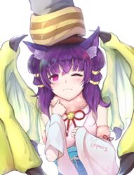  animal_ears artist_name bare_shoulders blush cape cat_ears closed_mouth commentary cosplay dragon_girl dragon_wings dress female fire_emblem fire_emblem:_the_sacred_stones fire_emblem_fates fire_emblem_heroes fur_trim hand_on_another&#039;s_head headpat highres ippers japanese_clothes kimono kiran_(fire_emblem) long_hair multi-tied_hair myrrh_(fire_emblem) obi one_eye_closed purple_eyes purple_hair sakura_(fire_emblem) sakura_(fire_emblem)_(cosplay) sash sleeveless sleeveless_kimono solo twintails wings 