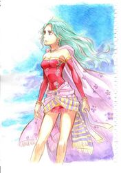  breasts cleavage closed_mouth commentary_request dress earrings elbow_gloves female final_fantasy final_fantasy_vi gloves green_hair hair_down jewelry long_hair no_legwear sash sio2_(nisankakeiso) solo terra_branford 