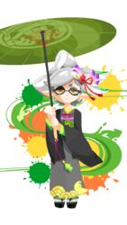  +_+ domino_mask earrings eyebrows female full_body grey_hair hair_ornament half-closed_eyes hotaru_(splatoon) japanese_clothes jewelry kimono long_sleeves mask mole mole_under_eye paint_splatter parasol pointy_ears short_eyebrows short_hair simple_background slippers smile solo splatoon splatoon_2 tentacle_hair tied_hair umbrella white_background white_hair wide_sleeves yellow_eyes 