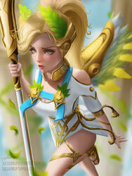  ancient_greek_clothes artist_name blonde_hair blue_eyes breasts chiton cleavage column commentary deviantart_username dress english_commentary eyelashes female greco-roman_clothes head_wreath high_ponytail highres himation holding holding_staff laurel_crown lips lolliedrop mechanical_wings medium_breasts mercy_(overwatch) nose official_alternate_costume overwatch overwatch_1 parted_lips pelvic_curtain pillar pink_lips sakimichan_(style) short_hair short_sleeves signature solo staff standing standing_on_one_leg tumblr_username white_dress winged_victory_mercy wings 