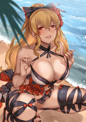  beach bikini blonde_hair blurry blush bow breasts commentary_request depth_of_field deras female flower granblue_fantasy hair_flower hair_ornament hairbow large_breasts long_hair looking_at_viewer official_alternate_costume orange_eyes outdoors photoshop_(medium) ponytail smile solo squatting swimsuit vira_(granblue_fantasy) vira_(summer)_(granblue_fantasy) 