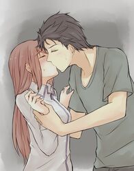  1boy black_hair blush breasts brown_hair closed_eyes collared_shirt commentary_request facial_hair female green_shirt grey_background holding_another&#039;s_wrist kissing long_hair long_sleeves makise_kurisu messy_hair okabe_rintarou pants profile shirt short_hair short_sleeves small_breasts steins;gate straight stubble sweatdrop upper_body yugure 