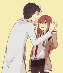  1boy belt black_hair black_pantyhose blush breasts collared_shirt commentary_request cowboy_shot facial_hair female holding_hands interlocked_fingers jacket lab_coat long_hair long_sleeves looking_at_another makise_kurisu messy_hair necktie off_shoulder okabe_rintarou open_mouth pantyhose pantyhose_under_shorts purple_eyes red_hair shirt short_hair short_shorts shorts small_breasts steins;gate stubble trembling wavy_mouth yellow_background yugure 