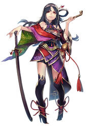  black_hair black_thighhighs brown_eyes caravan_stories commentary_request detached_sleeves essual_(layer_world) female full_body gourd hair_ornament hair_rings high_heels highres katana kiseru looking_afar sheath sheathed smoking_pipe solo standing sword tassel thighhighs weapon 