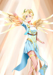  1u2d absurdres ancient_greek_clothes arm_up bad_anatomy bad_id bad_pixiv_id blonde_hair blue_eyes breasts brown_background chiton dress facing_viewer feet_out_of_frame female gladiator_sandals glowing glowing_wings greco-roman_clothes head_wreath high_ponytail highres knees_together_feet_apart laurel_crown light_rays looking_up mechanical_wings mercy_(overwatch) official_alternate_costume overwatch overwatch_1 pelvic_curtain peplos pleated_dress sandals short_hair short_sleeves small_breasts solo spread_wings standing sunlight toga white_dress winged_victory_mercy wings yellow_wings 