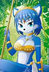  adobe_illustrator_(artwork) anthro arkangel-zigma blue_body blue_fur blue_hair breasts canid canine cleavage clothed clothing digital_media_(artwork) female forest fox fur hair hi_res jewelry jungle krystal&#039;s_staff krystal_(star_fox) mammal navel nintendo plant solo star_fox tree white_body white_fur 