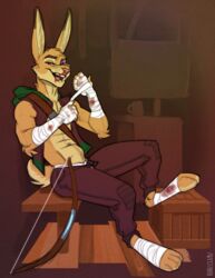  anthro bandage blood bodily_fluids bow_(weapon) brown_body brown_fur clothed clothing feet foot_wraps fur hand_wraps jacket kihu lagomorph leporid male mammal open_clothing open_jacket open_mouth open_topwear rabbit ranged_weapon smile solo teeth topwear weapon wraps 