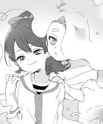  2girls bad_id bad_pixiv_id en&#039;enra enraenra_(youkai_watch) greyscale hair_over_one_eye halftone head_tilt high_ponytail kodama_fumika kouhara_yuyu long_hair looking_at_viewer monochrome multiple_girls smile traditional_youkai youkai_(youkai_watch) youkai_watch 