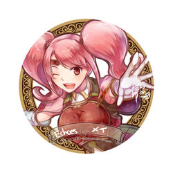  armor breastplate circlet commentary_request copyright_name female fire_emblem fire_emblem_echoes:_shadows_of_valentia gloves long_hair mae_(fire_emblem) one_eye_closed open_mouth pink_hair red_eyes simple_background solo tarayuki teeth twintails white_background 