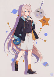  absurdly_long_hair ahoge arm_at_side artist_name bag black_shirt blue_eyes braid chinese_commentary commentary_request constellation constellation_print dated denim denim_skirt expressionless fashion female fen_renlei full_body grey_background grey_hair grey_skirt hair_between_eyes hand_on_own_chest ia_(vocaloid) jacket long_hair looking_at_viewer orange_socks photoshop_(medium) planet round_bag shadow shirt shoes shoulder_bag skirt sneakers socks solo sparkle_background star_(symbol) starry_background striped_clothes striped_socks tag vertical-striped_clothes vertical-striped_socks very_long_hair vocaloid walking 