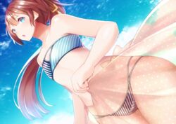  bare_arms bare_shoulders bikini blue_eyes blush clothes_lift collarbone commentary_request diagonal_stripes dutch_angle female flat_chest floating_hair from_below hair_ribbon holding kantai_collection kazagumo_(kancolle) kazagumo_(swimsuit_mode)_(kancolle) long_hair midriff navel orange_sarong polka_dot polka_dot_sarong ponytail red_hair ribbon sarong sarong_lift see-through see-through_sarong sky solo standing stomach strapless strapless_bikini striped_bikini striped_clothes swimsuit thighs tobimura wind yellow_ribbon 