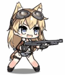  american_flag_legwear animal_ears animated animated blonde_hair blue_eyes boots bra chibi dog_ears dog_girl dog_tail female fingerless_gloves full_body game_cg girls&#039;_frontline gloves goggles goggles_on_head gun halterneck holding holding_gun holding_weapon jacket leather leather_jacket lowres m500_(girls&#039;_frontline) non-web_source official_art reloading saru shield short_shorts shorts shotgun shotgun_shell simple_background solo tail underwear weapon white_background 