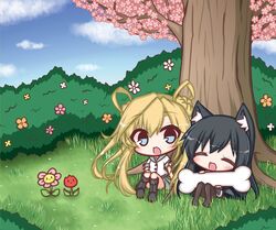  2girls :d ^_^ abukuma_(kancolle) animal_ears asashio_(kancolle) asashio_kai_ni_(kancolle) black_dress black_footwear black_hair black_pantyhose blonde_hair blue_eyes blue_sky blush boots bush cartoon_bone cherry_blossoms chibi closed_eyes cloud cloudy_sky commentary_request day dog_ears dress flower green_sailor_collar green_skirt hair_between_eyes hair_rings kantai_collection kemonomimi_mode knee_boots komakoma_(magicaltale) long_hair multiple_girls no_shoes on_grass open_mouth orange_flower outdoors pantyhose pink_flower pleated_skirt red_flower sailor_collar school_uniform serafuku shirt short_sleeves sitting skirt sky smile tree tulip twintails very_long_hair white_flower white_shirt 