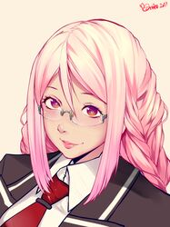  anne_happy blush bonkiru closed_mouth commentary_request dated female glasses highres kumegawa_botan long_hair looking_at_viewer necktie pink_hair purple_eyes red_necktie school_uniform semi-rimless_eyewear signature smile solo tennomifune_academy_school_uniform upper_body 