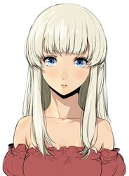  :o adelheid_(isekai_shokudou) bare_shoulders bell blonde_hair blue_eyes blunt_bangs collar commentary_request dress enami_katsumi female hair_over_breasts isekai_shokudou lips long_hair looking_at_viewer neck_bell simple_background strapless strapless_dress upper_body white_background 