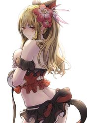  bare_shoulders black_ribbon black_skirt blonde_hair blush breast_hold breasts commentary_request female flower from_behind granblue_fantasy hair_between_eyes hibiscus large_breasts light_smile lips long_hair looking_at_viewer looking_back midriff miniskirt off_shoulder official_alternate_costume ponytail red_eyes ribbon robo8 simple_background skirt solo swimsuit vira_(granblue_fantasy) vira_(summer)_(granblue_fantasy) white_background 