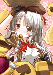  arm_up beret braid breasts checkerboard_cookie commentary_request cookie female flower_knight_girl food food_in_mouth gloves grey_hair hat highres izumi_yukiru komugi_(flower_knight_girl) long_hair looking_at_viewer ribbon side_braid thumbprint_cookie upper_body yellow_eyes 