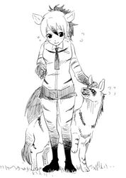  2015 aardwolf aardwolf_(kemono_friends) aardwolf_humanoid ambiguous_gender animal_humanoid biped black_and_white blush bodily_fluids bottomwear breasts clothed clothing cutoffs daisy_dukes denim denim_bottomwear denim_clothing digital_drawing_(artwork) digital_media_(artwork) dress_shirt duo female feral fluffy fluffy_tail flying_sweatdrops front_view full-length_portrait fur grass hair hatching_(art) hotpants human_and_animal_ears humanoid hyena hyena_humanoid japanese kemono_friends kurageto larger_female leggings legwear looking_at_another low_res mammal mammal_humanoid monochrome multi_ear necktie petting plant portrait quadruped raised_leg shaded shadow shirt short_hair shorts simple_background size_difference small_breasts smaller_ambiguous smile snout standing striped_body striped_fur stripes sweat sweatdrop tail topwear white_background 