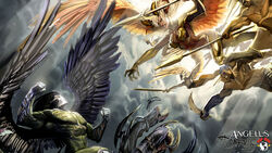  2girls 3boys angel angel_wings armor battle cloud cloudy_sky demon feathered_wings fighting_stance highres image_comics jackie_estacado light_rays mask monster multiple_boys multiple_girls photoshop_(medium) polearm sky spear sunbeam sunlight sword teeth the_angelus the_darkness the_darkness_(character) weapon wings 