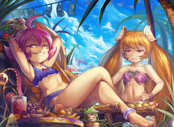  2girls :3 =_= ahoge armpits arms_behind_head arms_up bad_id bad_pixiv_id bangle bikini bird blonde_hair blue_bikini blush_stickers bracelet brave_frontier chair clothesline cloud collarbone crossed_legs day drink food fruit glass goggles goggles_on_head grapes green_hair grin hair_ornament hands_on_own_hips jewelry jitome long_hair looking_at_viewer multiple_girls navel outdoors palm_tree photoshop_(medium) pink_eyes purple_bikini purple_eyes purple_hair sae_(brave_frontier) short_hair sitting sky smile standing swimsuit tank_top themis_(brave_frontier) tree twintails watermelon yilx 