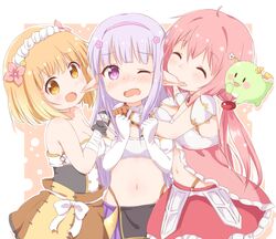  3girls :o ^_^ animal araki495 armor bare_shoulders biting black_gloves blonde_hair blush breastplate breasts brown_eyes brown_gloves brown_shirt chibi chibi_dragon cleavage closed_eyes collarbone commentary_request dragon ear_biting ear_blush elbow_gloves elf elnowar_seylan endro! fai_fai fingerless_gloves girl_sandwich gloves hair_ornament hands_up highres long_hair low_twintails medium_breasts midriff multiple_girls navel nose_blush oerba_yun_fang one_eye_closed open_mouth pauldrons pink_hair pleated_skirt pointy_ears purple_eyes purple_hair purple_skirt sandwiched shirt short_hair shoulder_armor skirt spiked_gloves spikes strapless twintails very_long_hair white_gloves white_shirt yuri yuria_shardet 