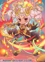  armor breasts chibi cleavage commentary_request company_name dark-skinned_female dark_skin debris female fire fire_emblem fire_emblem_cipher fire_emblem_heroes fumi_(butakotai) hair_ornament holding holding_sword holding_weapon laevatein_(fire_emblem) long_hair official_art photoshop_(medium) pink_hair red_eyes see-through solo sword twintails weapon 